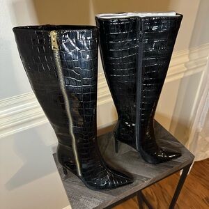 INC International Concepts Black Croc-Embossed Patent Knee Boots